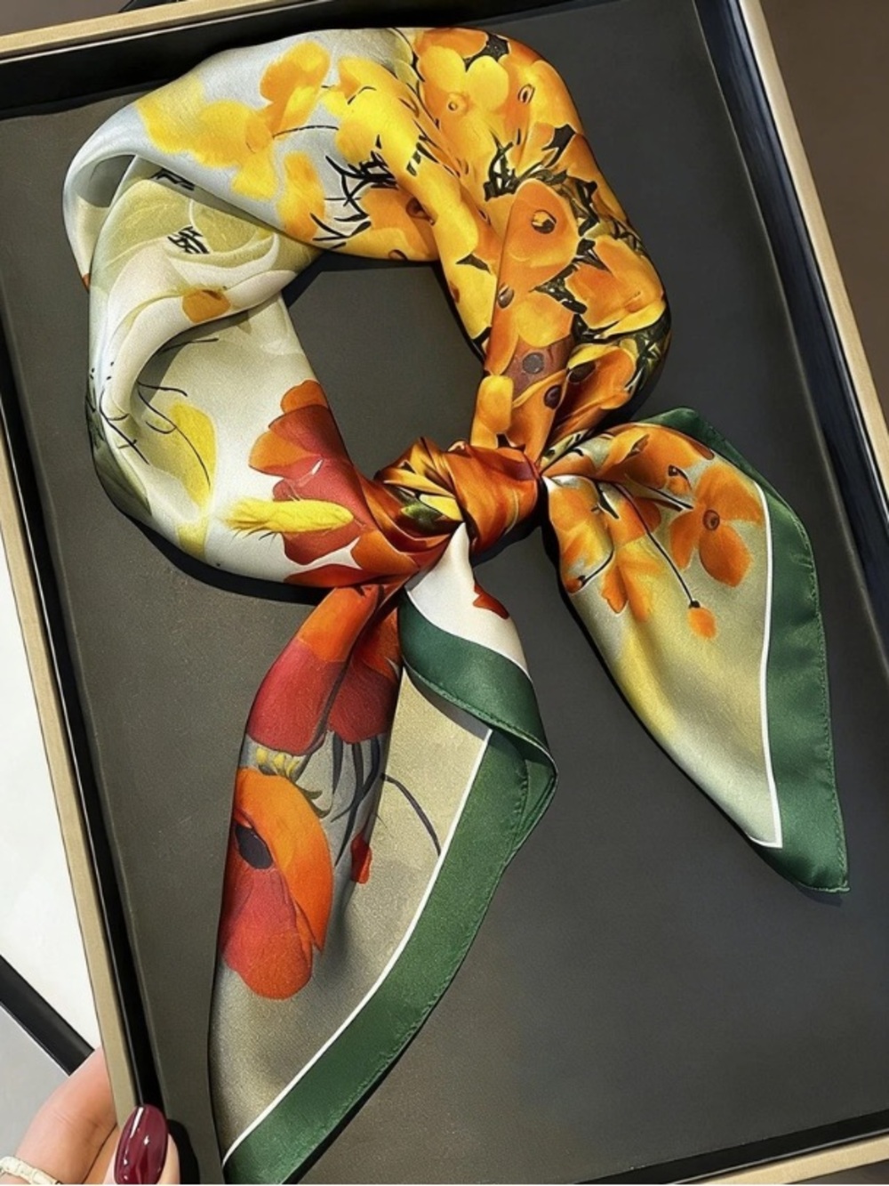 Floral Silky polyester Scarf with Orange and Green Accents - Picture 2 of 7